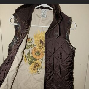 CAbi (S) - Brown Quilted Vest with Corduroy Detail And Interior Sunflower Print